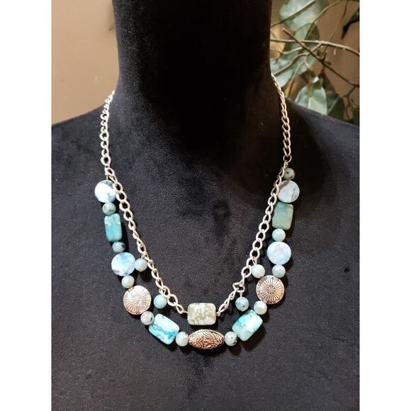 Women Fashion Tribal Terra Agate Amazonite Carved Metal Beads Statement Necklace - Picture 1 of 6